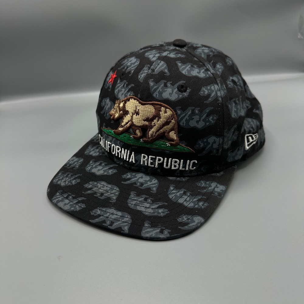 New Era 9FIFTY California Republic Snapback Hat Black Grey Bear Print Mens Cap